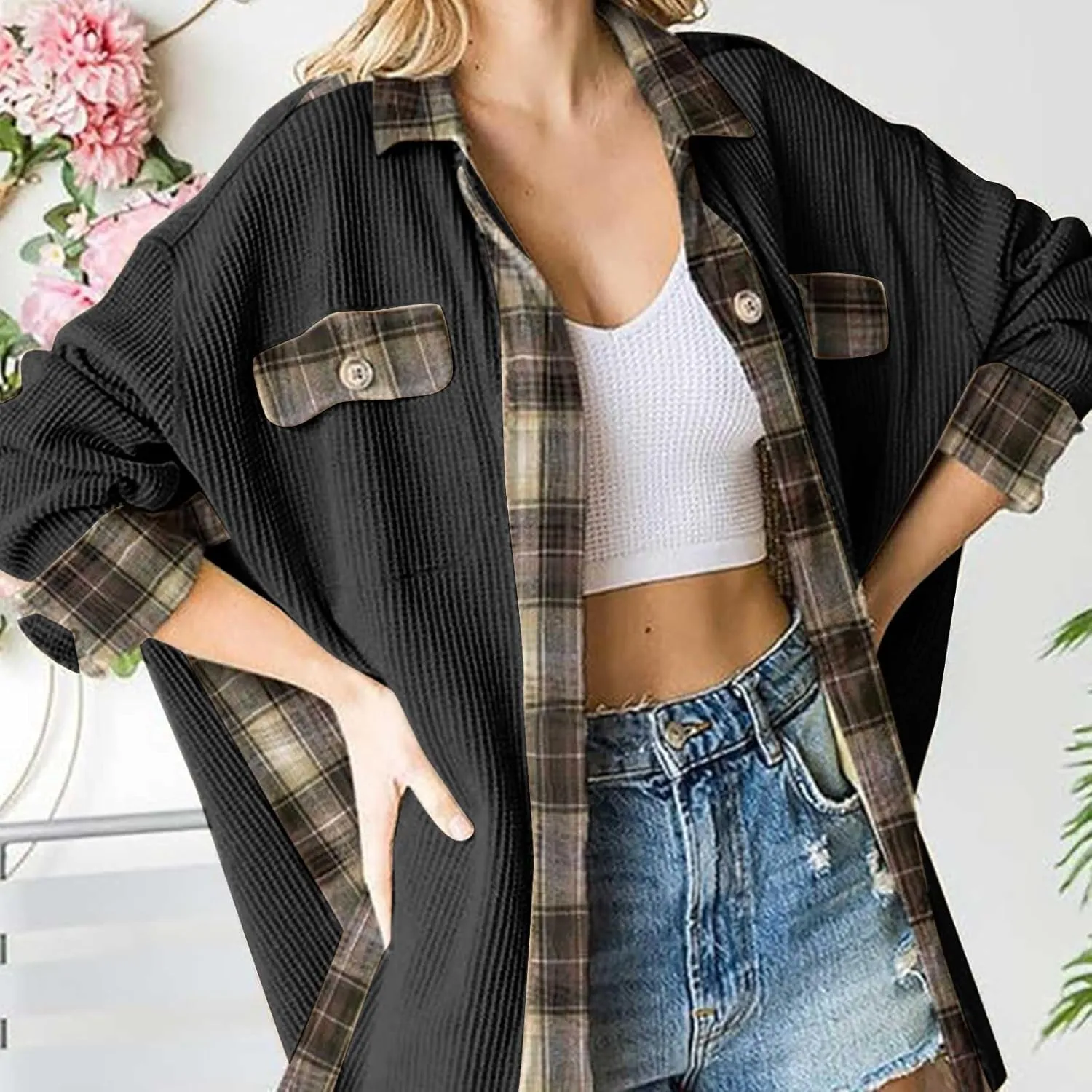 Womens Waffle Knit Shacket Boyfriend Button Down Shirt Jacket Loose Long Sleeve Tops Fall Fashion y2k Clothes
