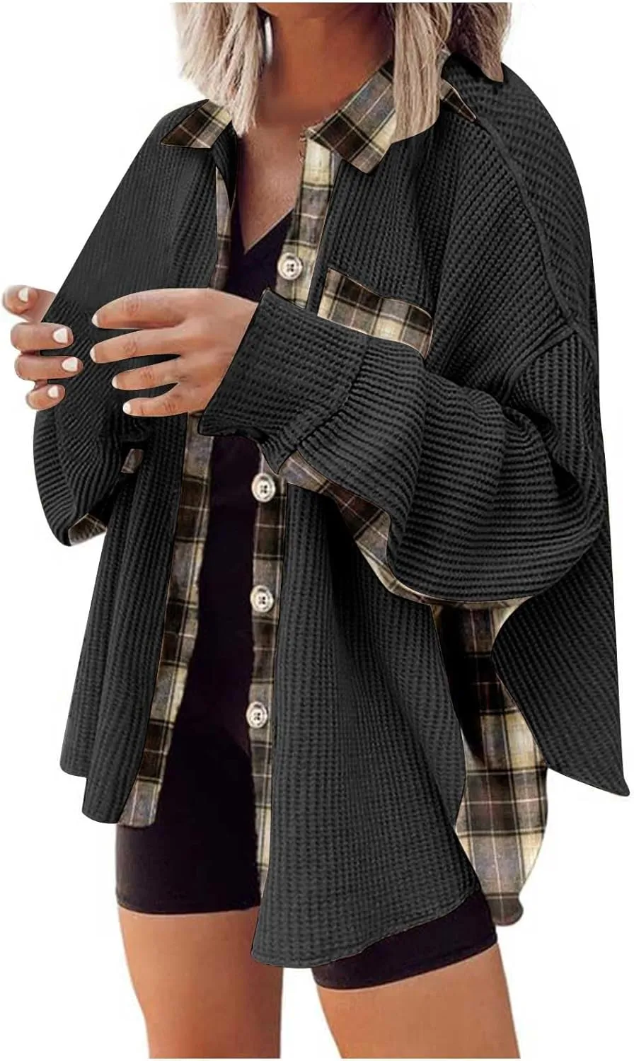 Womens Waffle Knit Shacket Boyfriend Button Down Shirt Jacket Loose Long Sleeve Tops Fall Fashion y2k Clothes