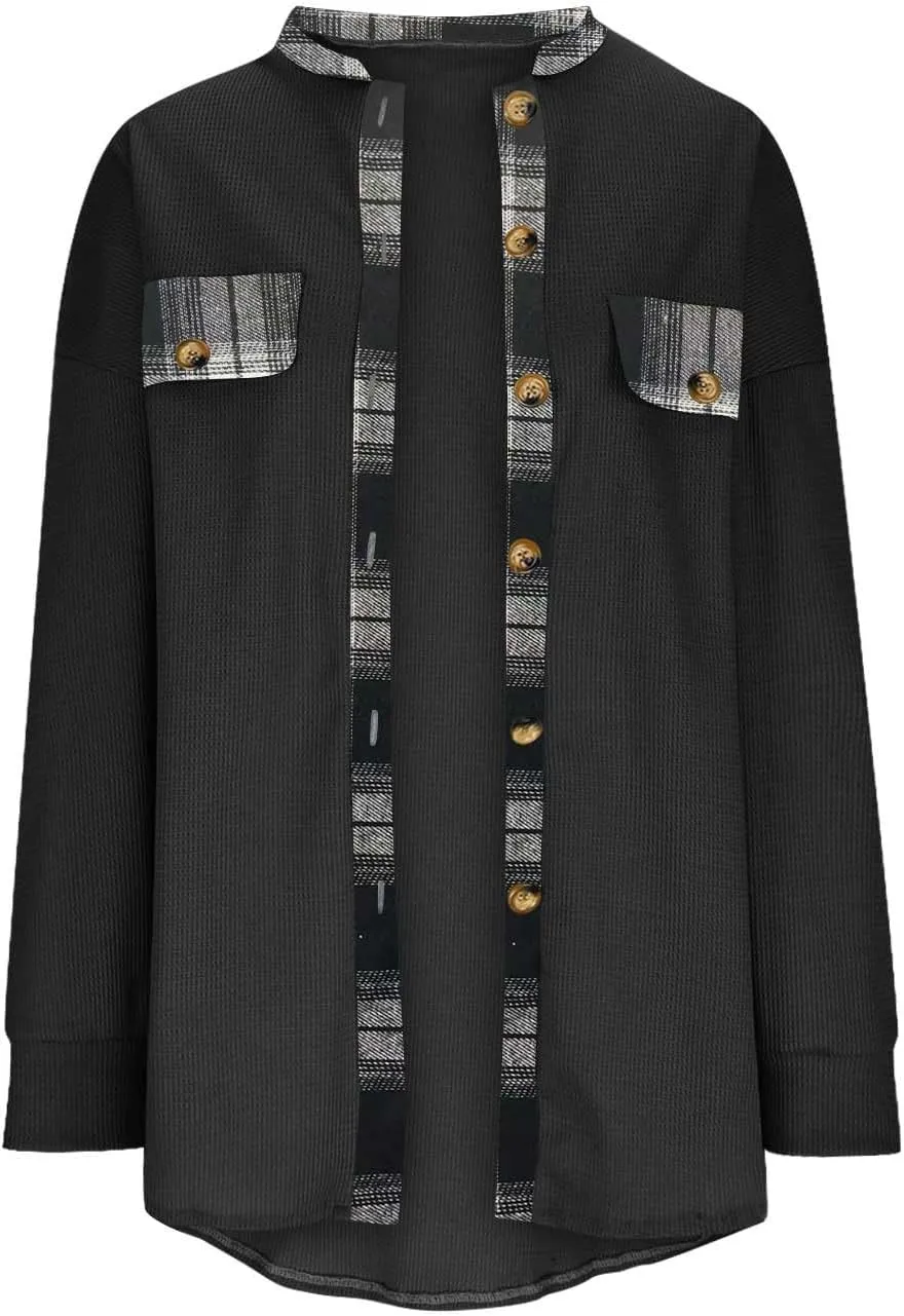 Womens Waffle Knit Shacket Boyfriend Button Down Shirt Jacket Loose Long Sleeve Tops Fall Fashion y2k Clothes