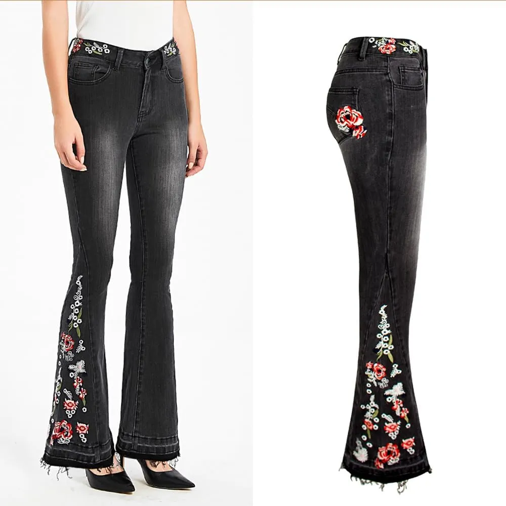 Women's Wide-Leg Denim Pants with a Stylish Floral Embroidered Bell Bottom Flare Jeans
