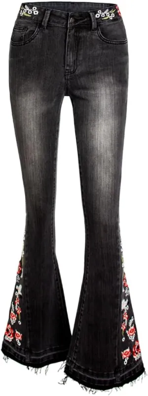 Women's Wide-Leg Denim Pants with a Stylish Floral Embroidered Bell Bottom Flare Jeans