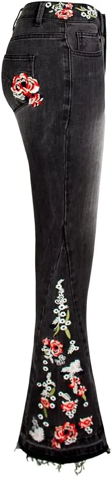 Women's Wide-Leg Denim Pants with a Stylish Floral Embroidered Bell Bottom Flare Jeans
