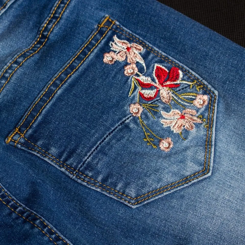 Women's Wide-Leg Denim Pants with a Stylish Floral Embroidered Bell Bottom Flare Jeans