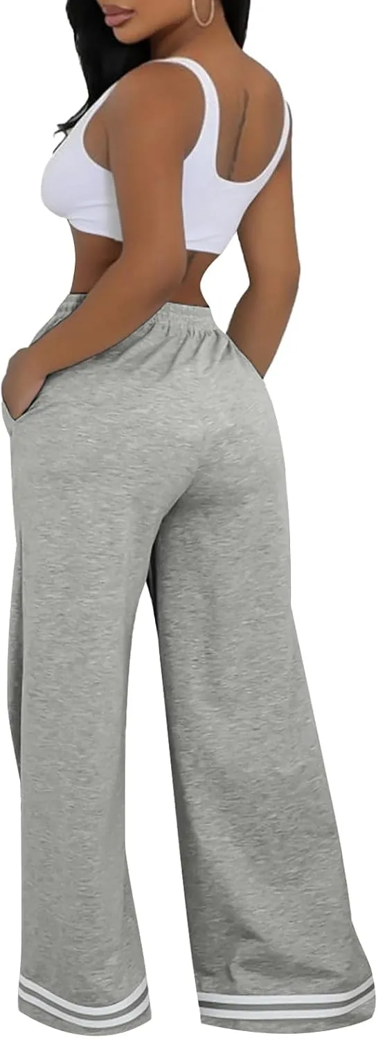 Women's Wide Leg Sweatpants High Waisted Baggy Flared Pants Casual Drawstring Joggers with Pockets