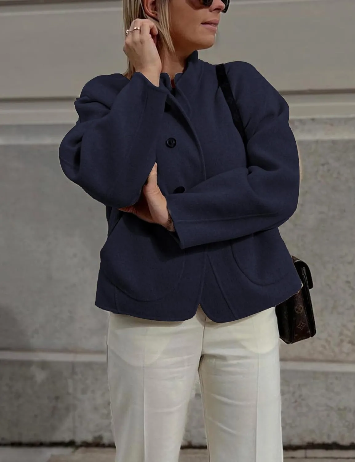 Womens Winter Coats Trendy Pea Coat Oversized Long Sleeve Jackets Short Casual Outerwear with Pockets