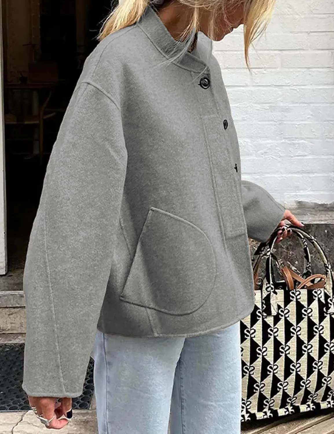 Womens Winter Coats Trendy Pea Coat Oversized Long Sleeve Jackets Short Casual Outerwear with Pockets