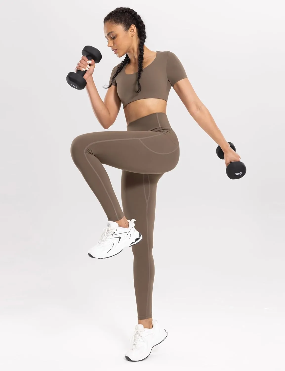 Women's Workout Leggings with Pockets High Waist Yoga Pants 28" Cream Soft Athletic Lightweight Tights Full Length
