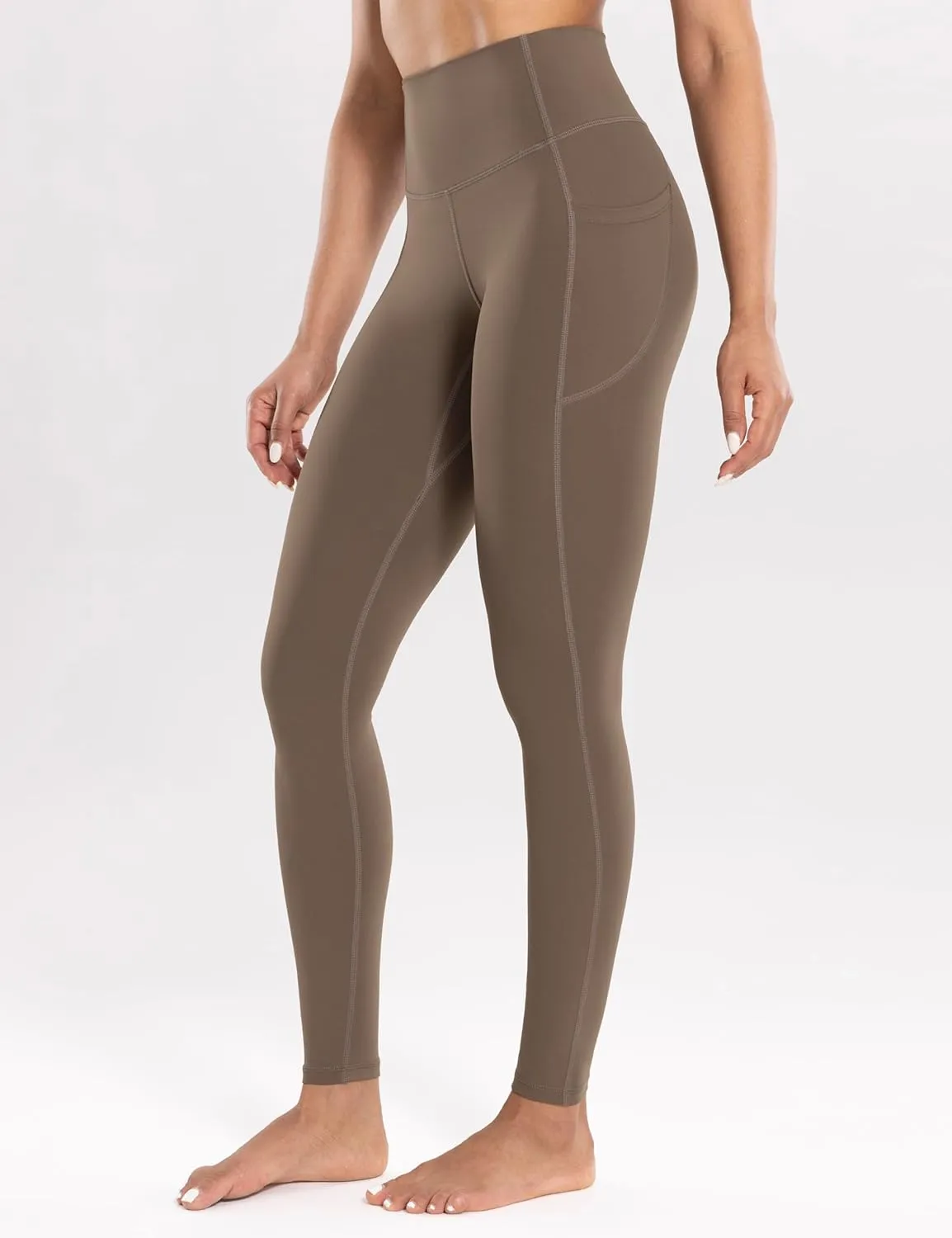 Women's Workout Leggings with Pockets High Waist Yoga Pants 28" Cream Soft Athletic Lightweight Tights Full Length