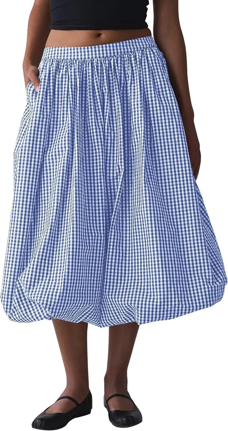 Women's Y2k Bubble Midi Skirt Plaid Elastic High Waist A Line Summer Casual Fairy Ruffle Long Skirt