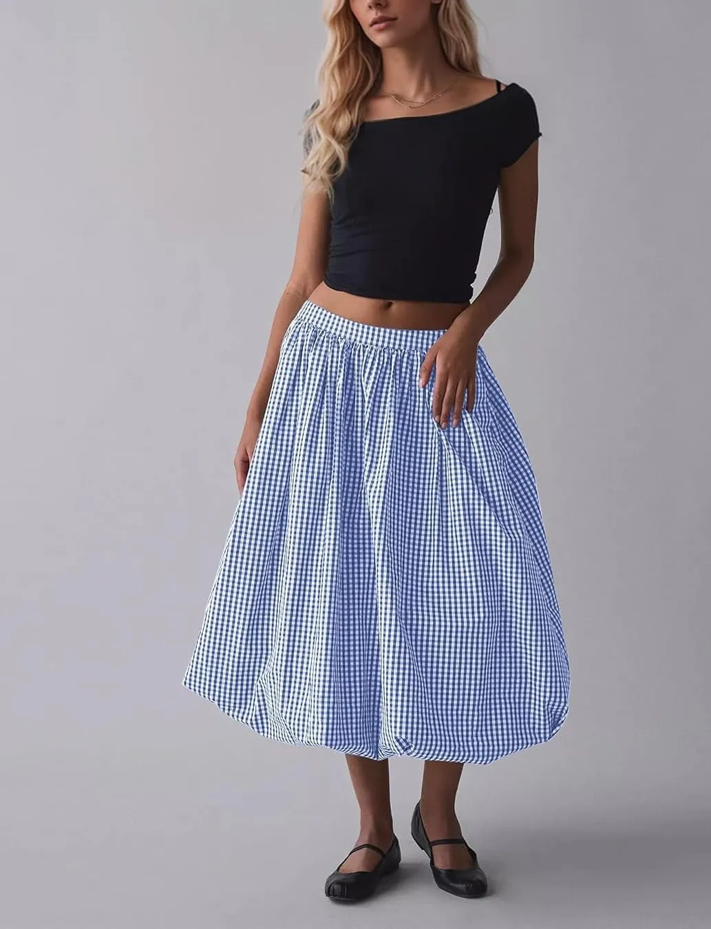 Women's Y2k Bubble Midi Skirt Plaid Elastic High Waist A Line Summer Casual Fairy Ruffle Long Skirt