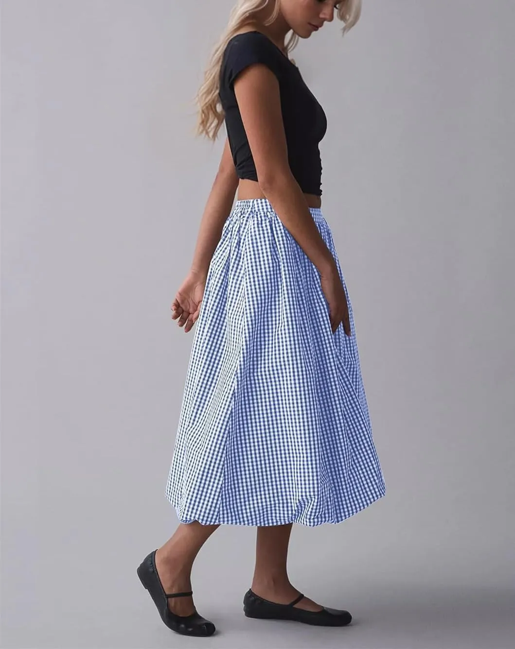 Women's Y2k Bubble Midi Skirt Plaid Elastic High Waist A Line Summer Casual Fairy Ruffle Long Skirt