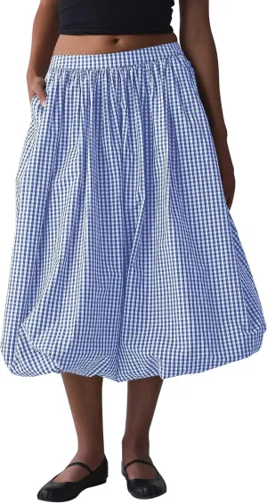 Women's Y2k Bubble Midi Skirt Plaid Elastic High Waist A Line Summer Casual Fairy Ruffle Long Skirt