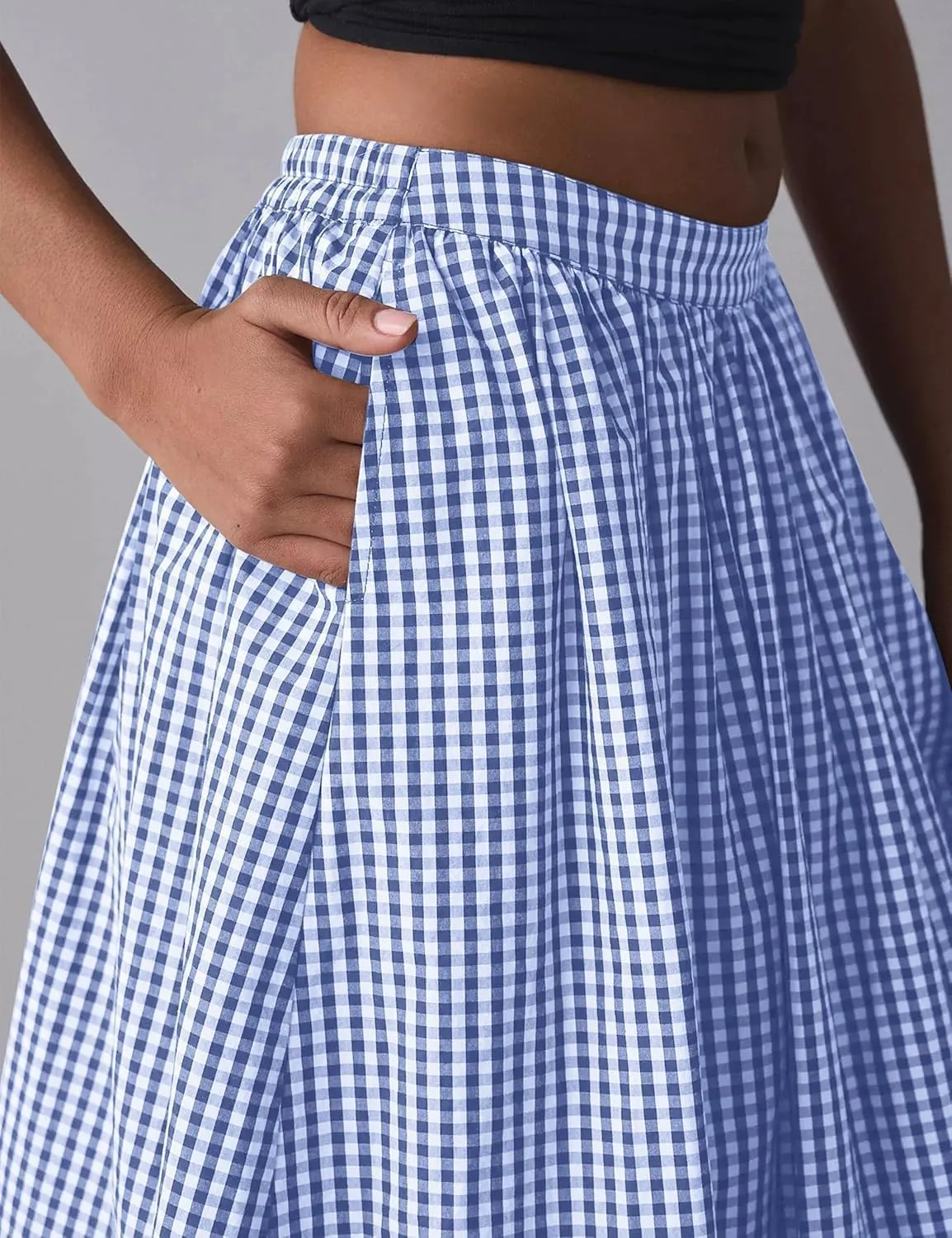 Women's Y2k Bubble Midi Skirt Plaid Elastic High Waist A Line Summer Casual Fairy Ruffle Long Skirt