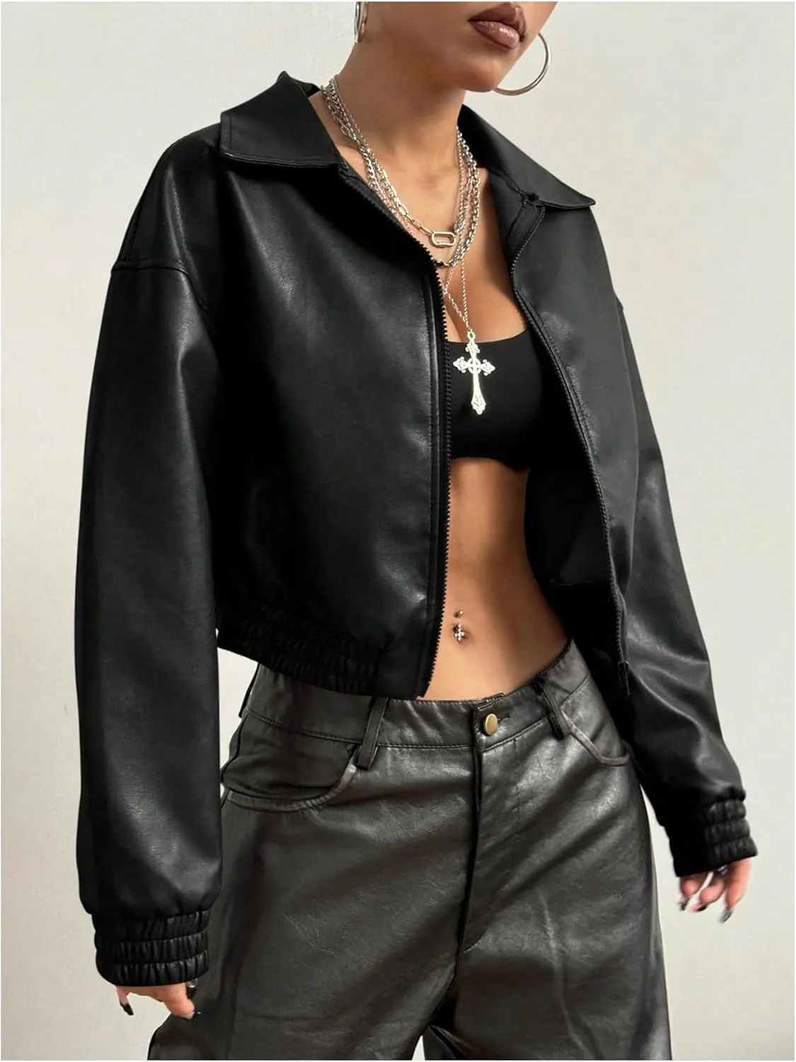 Women's Y2K Faux PU Leather Jacket Crop Zip Up Motorcycle Coat Long Sleeve Drop Shoulder Motor Bike Jacket Streetwear