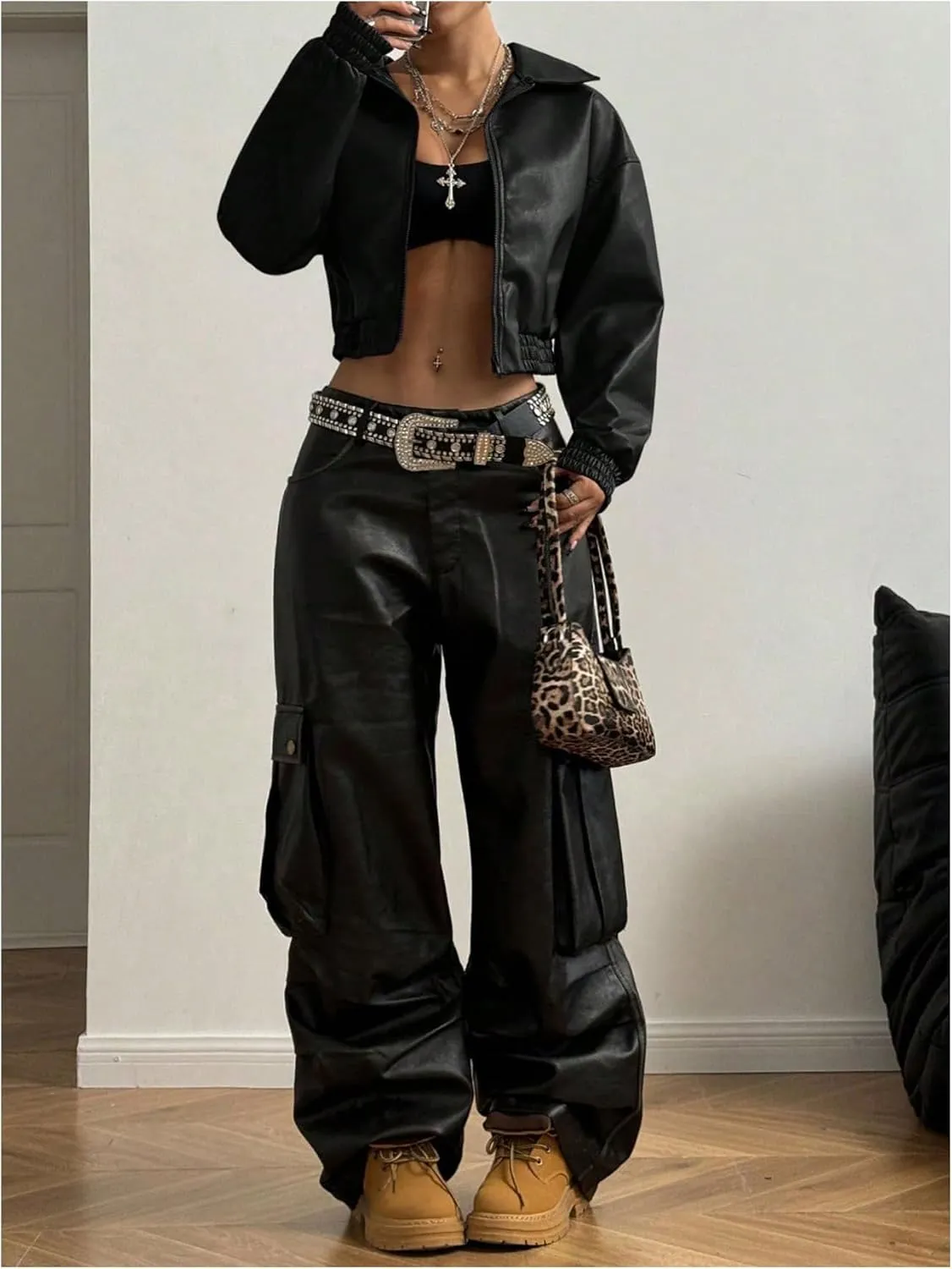 Women's Y2K Faux PU Leather Jacket Crop Zip Up Motorcycle Coat Long Sleeve Drop Shoulder Motor Bike Jacket Streetwear