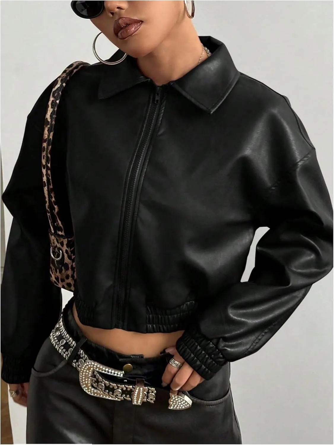 Women's Y2K Faux PU Leather Jacket Crop Zip Up Motorcycle Coat Long Sleeve Drop Shoulder Motor Bike Jacket Streetwear