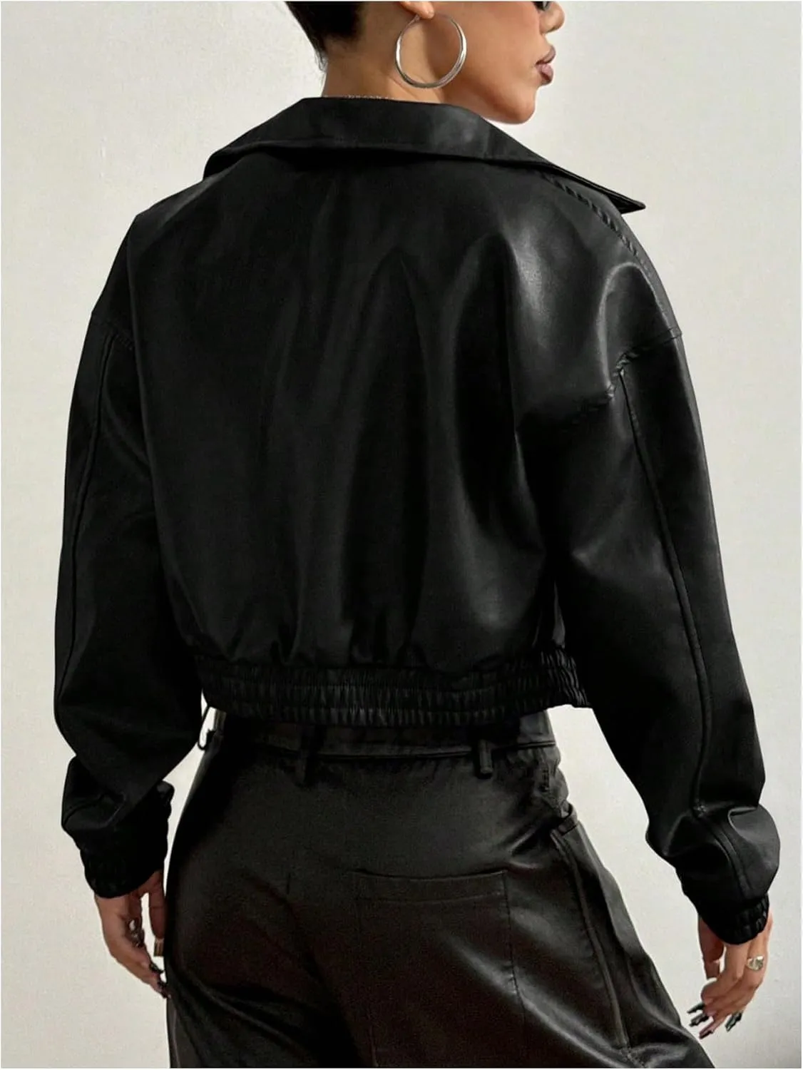 Women's Y2K Faux PU Leather Jacket Crop Zip Up Motorcycle Coat Long Sleeve Drop Shoulder Motor Bike Jacket Streetwear