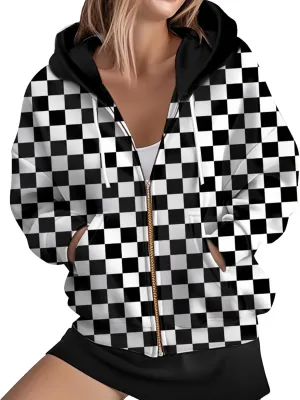 Womens Zip Front Plaid Sweatshirts Print Hoodie Fall Jackets Long Sleeve Casual Drawstring Clothes