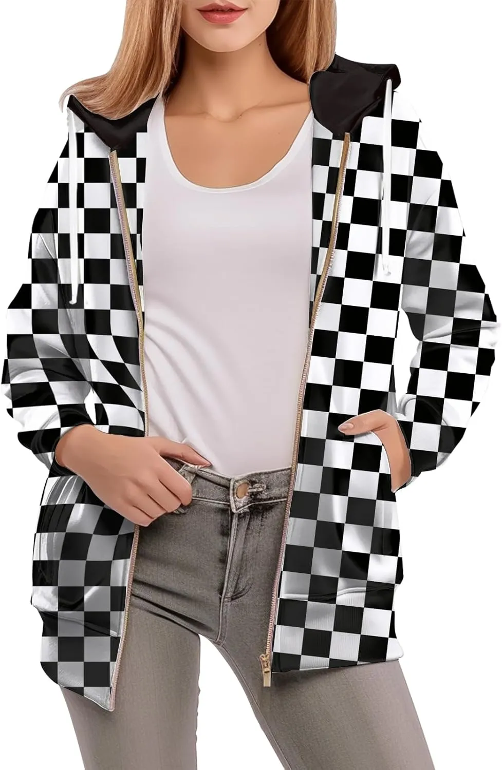Womens Zip Front Plaid Sweatshirts Print Hoodie Fall Jackets Long Sleeve Casual Drawstring Clothes