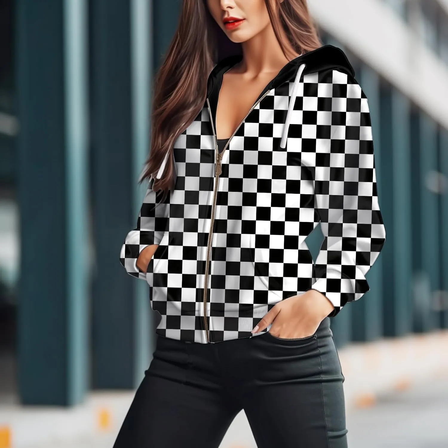 Womens Zip Front Plaid Sweatshirts Print Hoodie Fall Jackets Long Sleeve Casual Drawstring Clothes