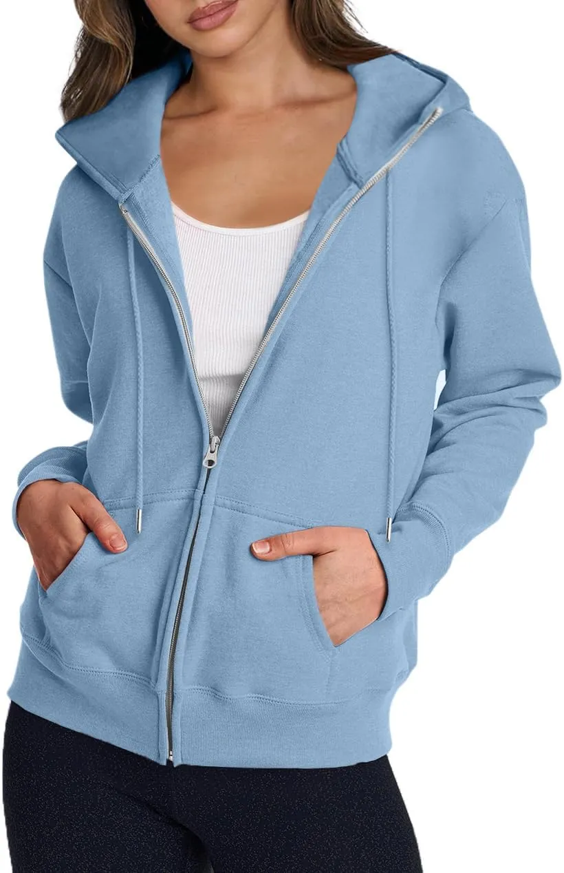Womens Zip Up Hoodies Long Sleeve Oversized Sweatshirts Fleece Y2K Drawstring Fall Jackets with Pockets Outerwear