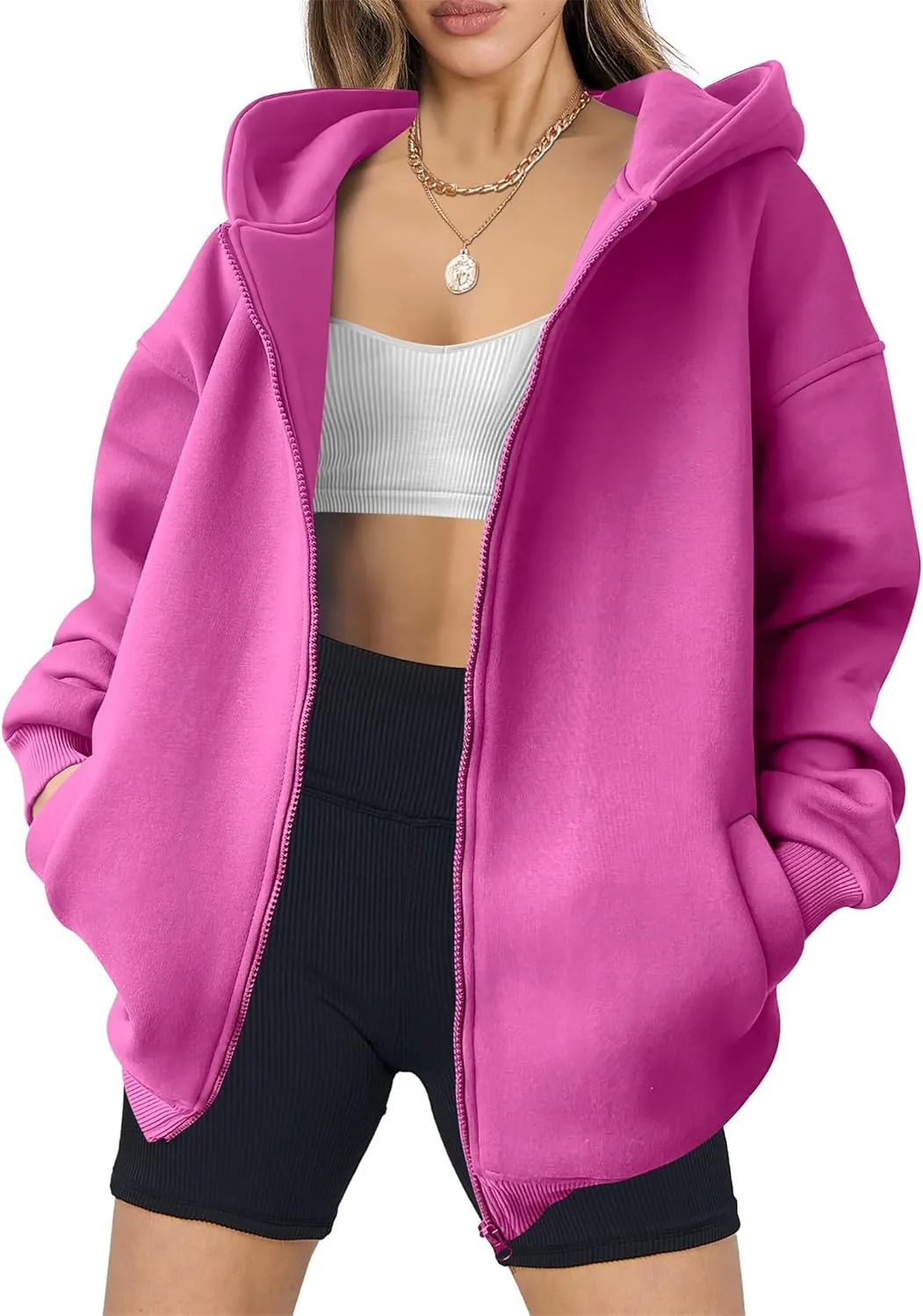 Womens Zip Up Hoodies Oversized Sweatshirt Long Sleeve Fleece Jackets Y2K Outfits Hooded Sweatshirt with Pockets