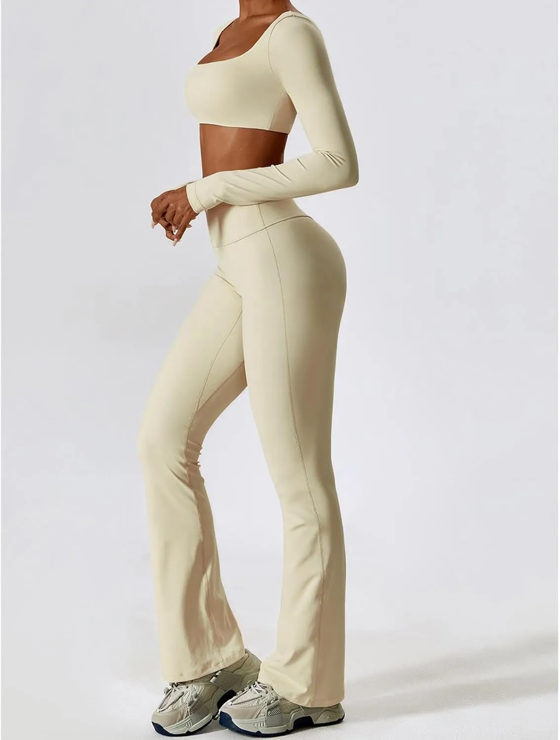 Workout Sets for Women 2 Piece Long Sleeve Crop Tops High Waist Flared Leggings Gym Sets