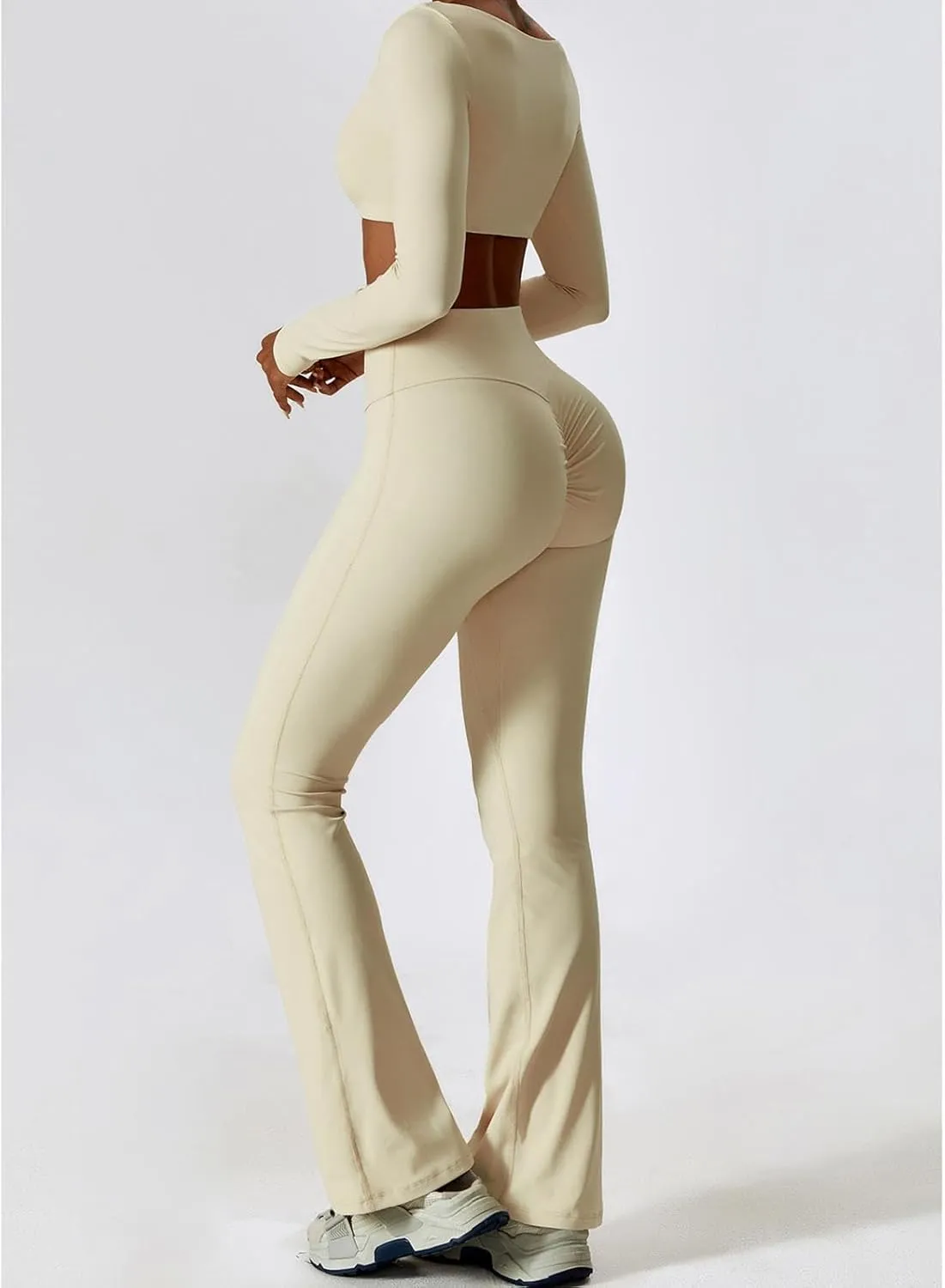 Workout Sets for Women 2 Piece Long Sleeve Crop Tops High Waist Flared Leggings Gym Sets