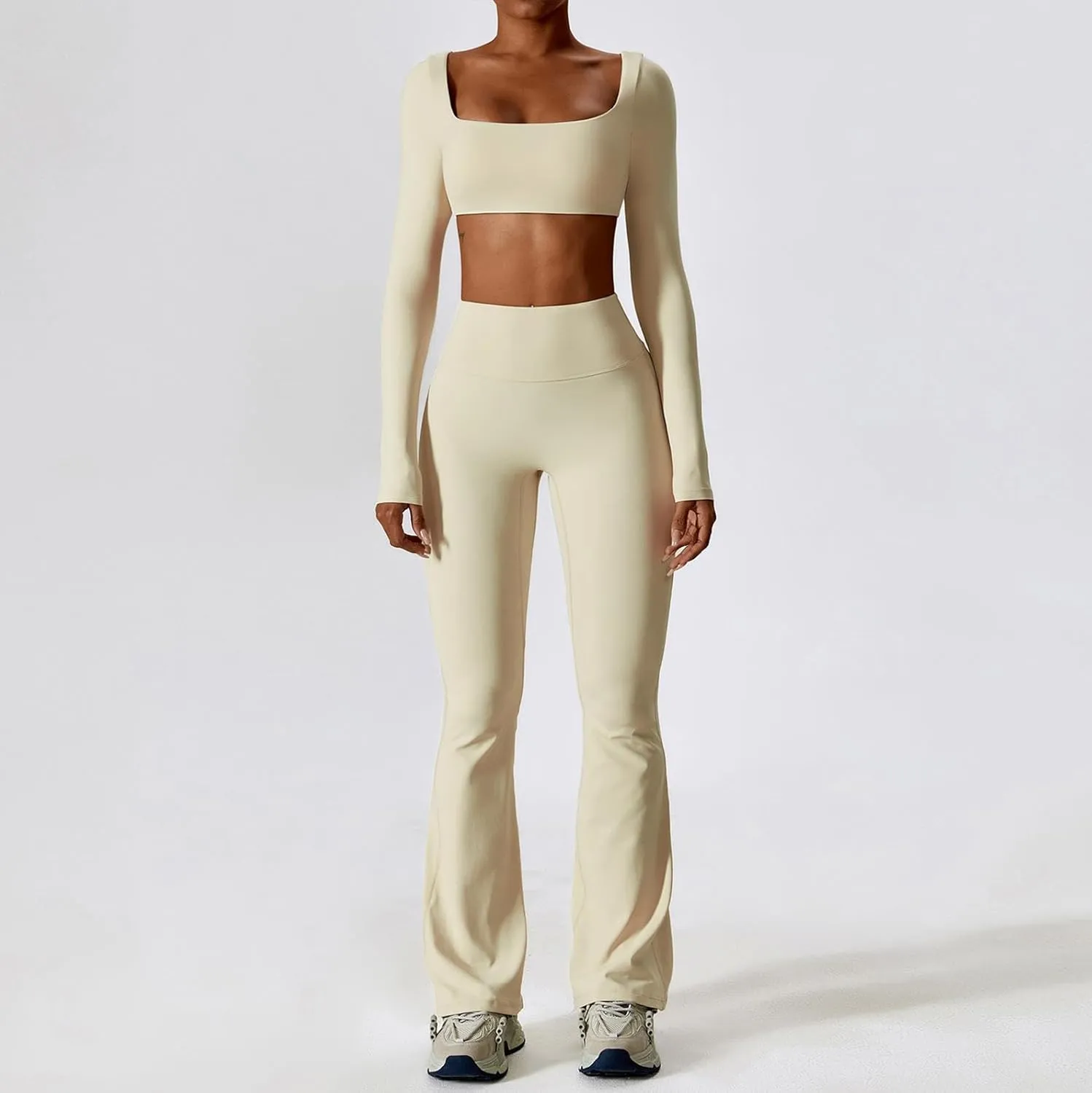 Workout Sets for Women 2 Piece Long Sleeve Crop Tops High Waist Flared Leggings Gym Sets