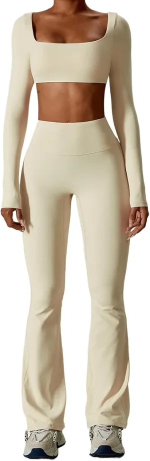 Workout Sets for Women 2 Piece Long Sleeve Crop Tops High Waist Flared Leggings Gym Sets