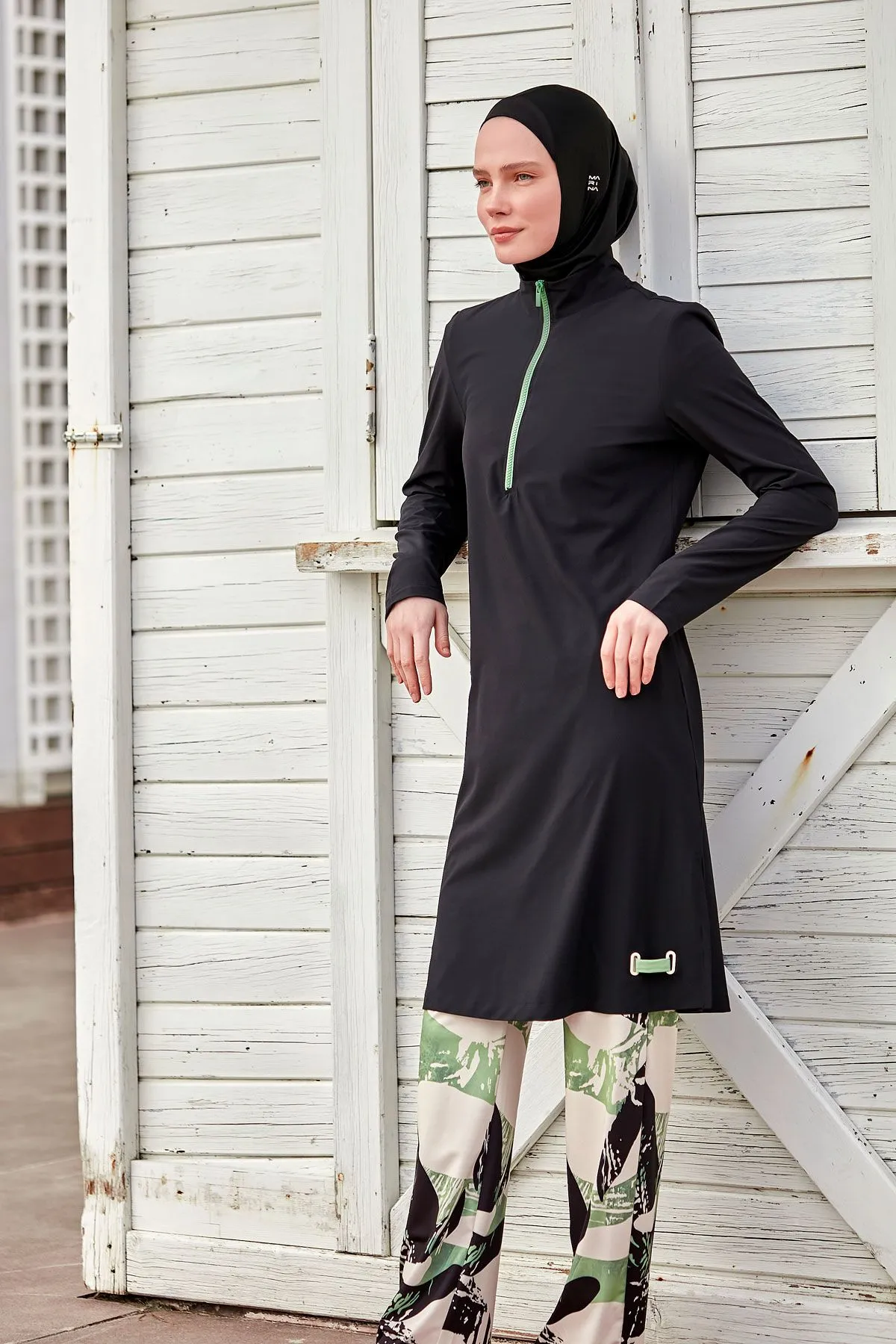 Woven Black Burkini Modest Swimwear M2425