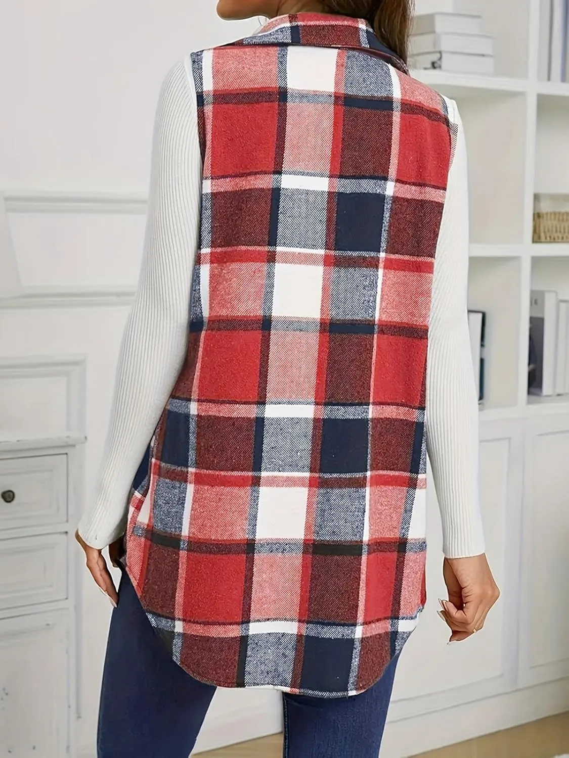 Wowcarbazole Womens Plaid Vest Button Down Sleeveless Lapel Neck Long Vest Tops Outerwear Casual Flannel Waistcoat Jackets