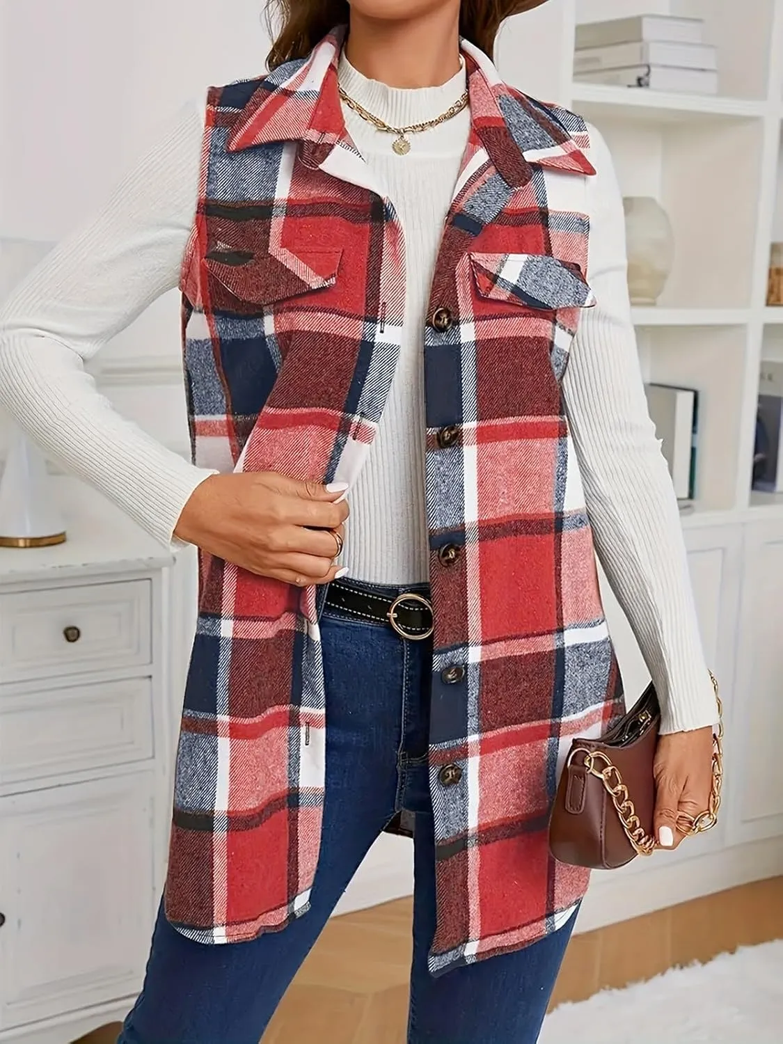Wowcarbazole Womens Plaid Vest Button Down Sleeveless Lapel Neck Long Vest Tops Outerwear Casual Flannel Waistcoat Jackets
