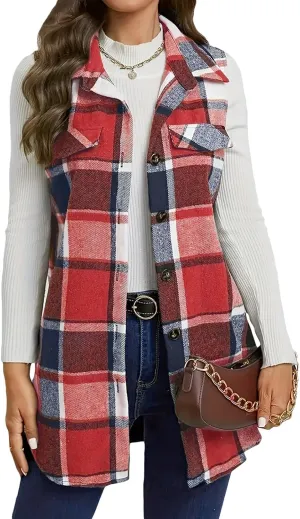 Wowcarbazole Womens Plaid Vest Button Down Sleeveless Lapel Neck Long Vest Tops Outerwear Casual Flannel Waistcoat Jackets