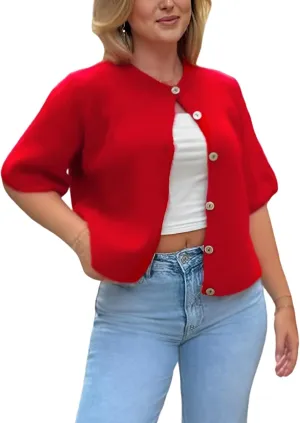 Wyeysyt Womens Cropped Knitted Cardigan Y2K Short Sleeve Button Down Sweater Cardigan Shirt Casual Solid Color Ribbed Outwear