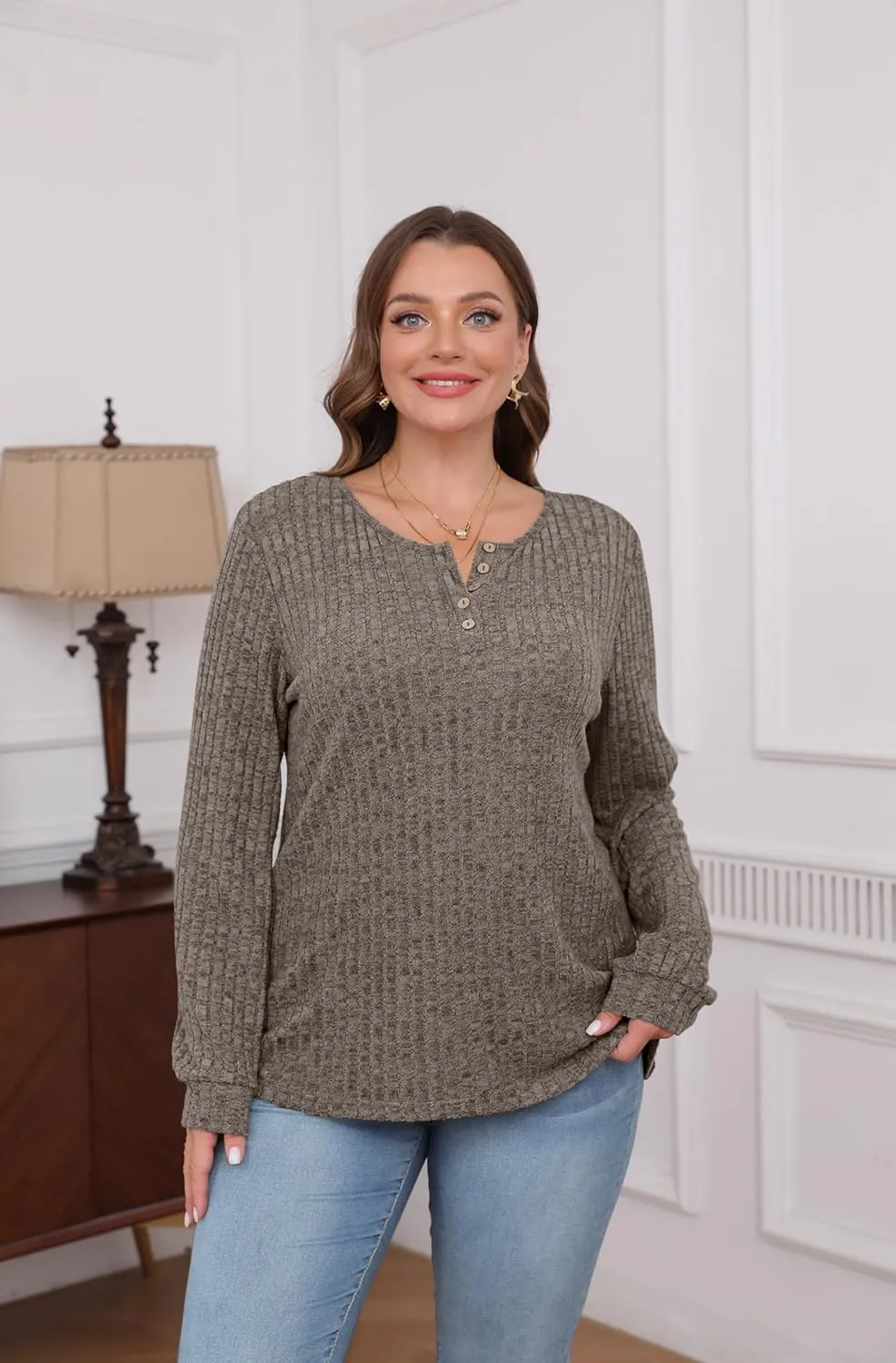 XIEERDUO Sweater for Women Long Sleeve Henley Shirts Tunic Tops to Wear with Leggings crew neck Sweaters Trendy 2024