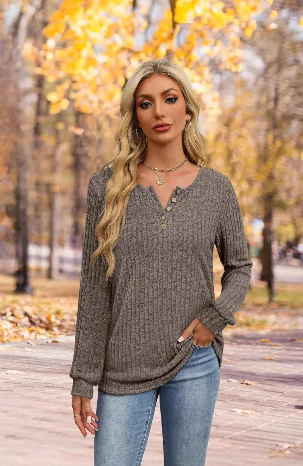 XIEERDUO Sweater for Women Long Sleeve Henley Shirts Tunic Tops to Wear with Leggings crew neck Sweaters Trendy 2024