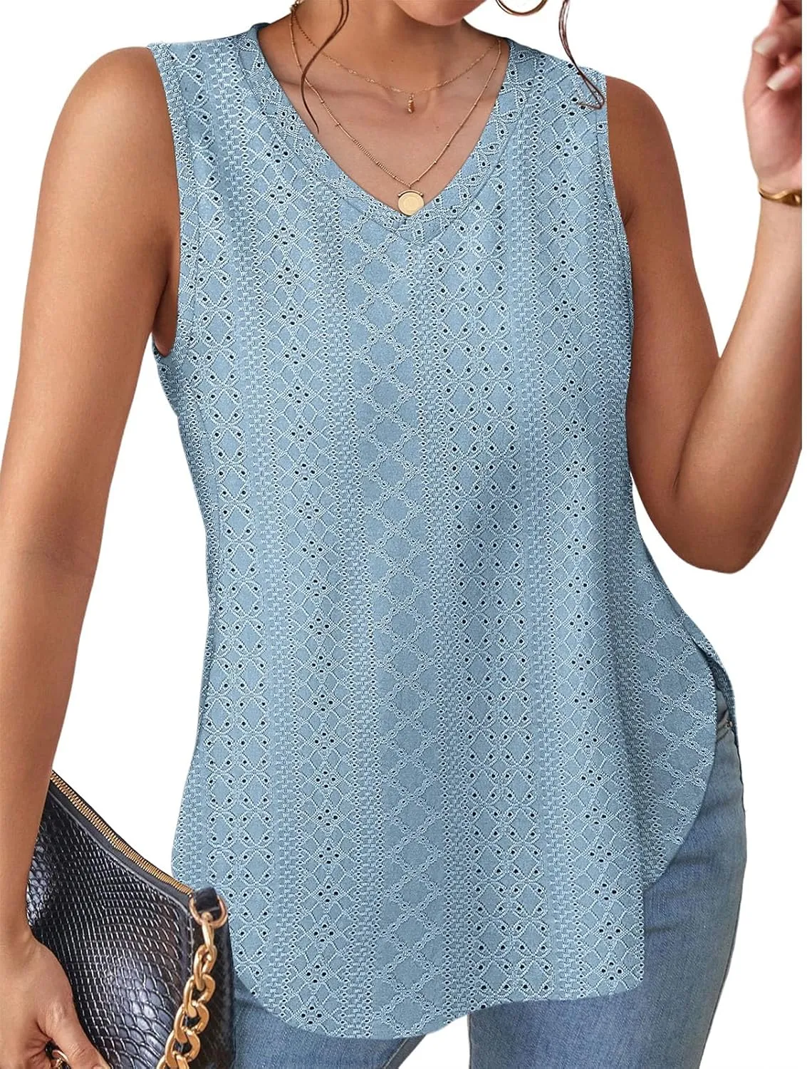 XIEERDUO Womens Tank Tops V Neck Eyelet Embroidery Casaul Sleeveless Shirts