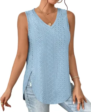 XIEERDUO Womens Tank Tops V Neck Eyelet Embroidery Casaul Sleeveless Shirts