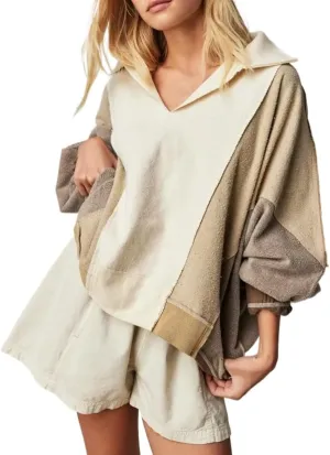 XPONNI V Neck Oversized Sweatershirt Fashion Women Y2k Fleece Patchwork Pullover Cute Colorful Hoodies 2024 Fall