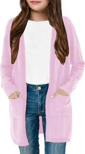 XuBa Girls Cardigan with Pockets Open Front Striped Color Block Knitted Soft Sweater Coat