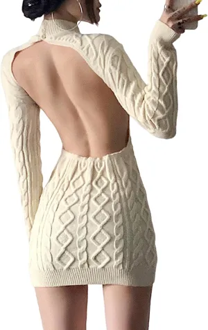 xxxiticat Women's High Neck Sweater Dress Long Sleeve Backless Cut Out See Through Cable Knitted Turtleneck Sweaters