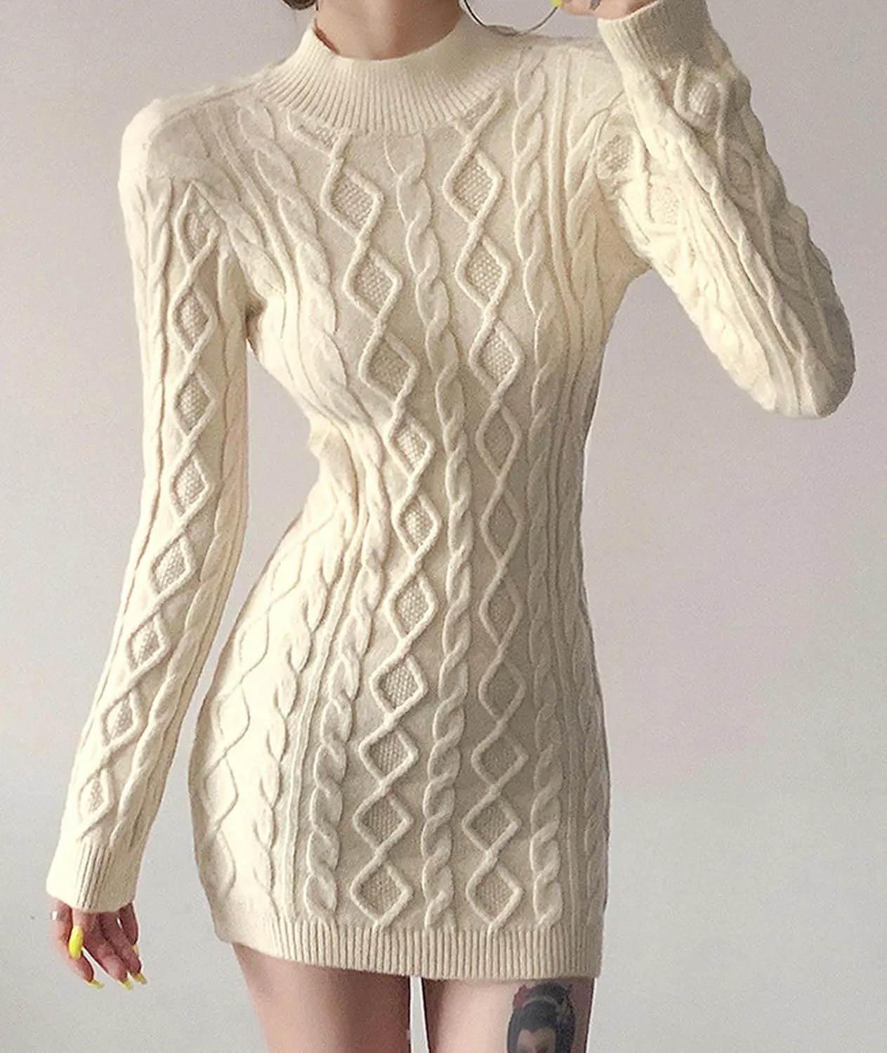 xxxiticat Women's High Neck Sweater Dress Long Sleeve Backless Cut Out See Through Cable Knitted Turtleneck Sweaters
