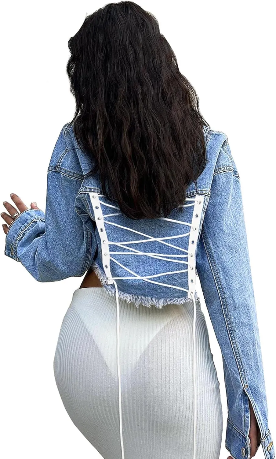 xxxiticat Women's Lace Up Denim Jacket Long Sleeve Button Down Ripped Bandage Criss Cross Cropped Jean Coat Outerwear