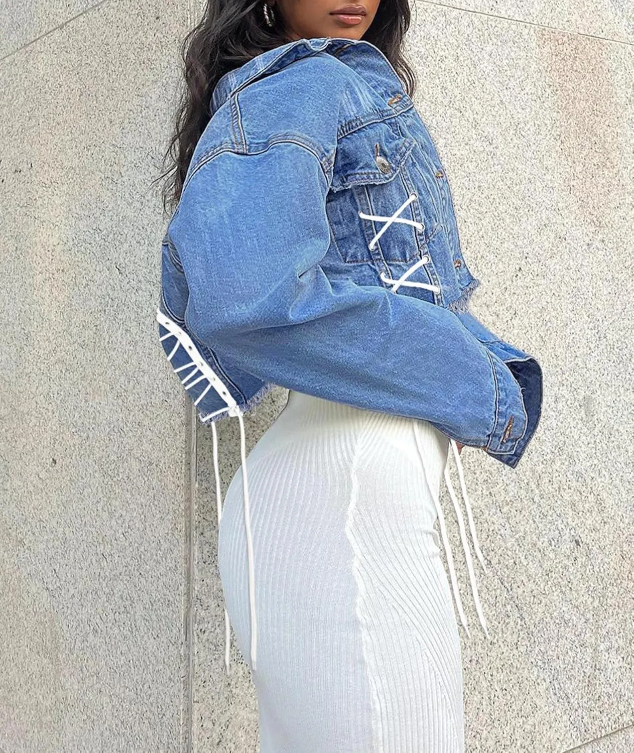 xxxiticat Women's Lace Up Denim Jacket Long Sleeve Button Down Ripped Bandage Criss Cross Cropped Jean Coat Outerwear