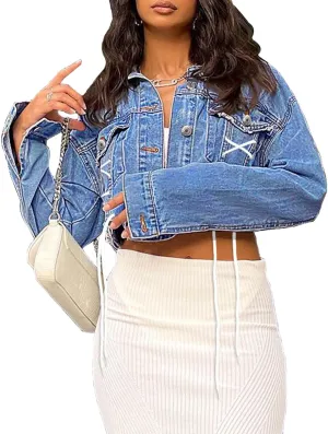 xxxiticat Women's Lace Up Denim Jacket Long Sleeve Button Down Ripped Bandage Criss Cross Cropped Jean Coat Outerwear