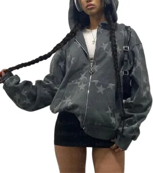 Y2K Aesthetic Zipper Hoodie Sweatshirt Long Sleeve Harajuku Punk Grunge Outfit Retro Vintage Oversized Outwear
