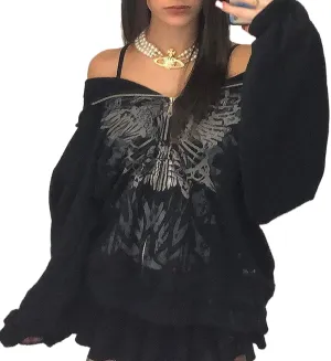 Y2K Aesthetic Zipper Hoodie Sweatshirt Long Sleeve Harajuku Punk Grunge Outfit Retro Vintage Oversized Outwear