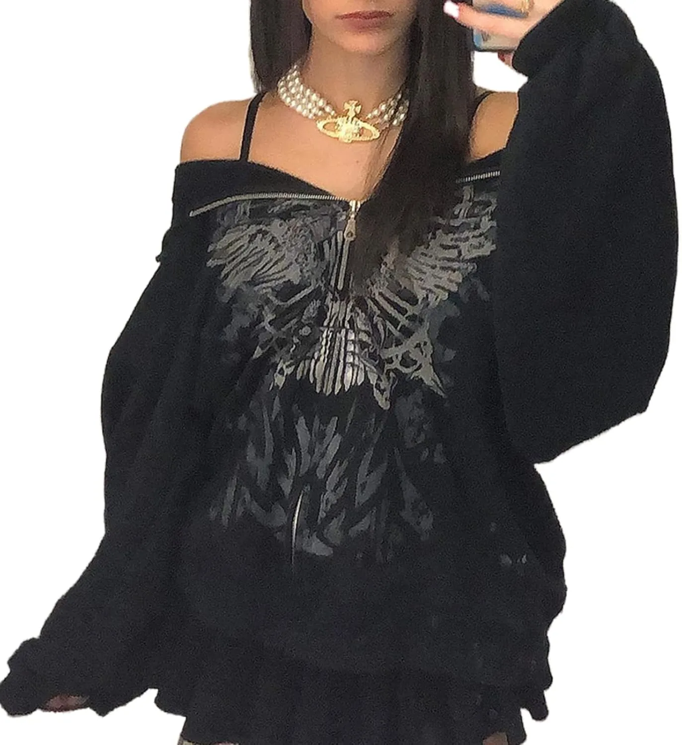 Y2K Aesthetic Zipper Hoodie Sweatshirt Long Sleeve Harajuku Punk Grunge Outfit Retro Vintage Oversized Outwear