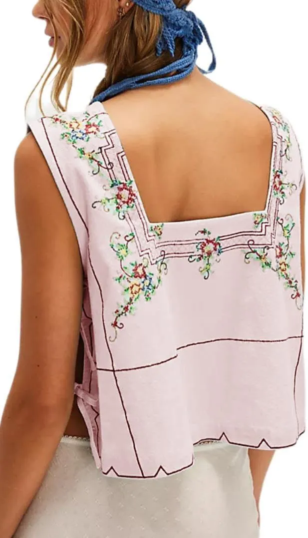 Y2k Tie Front Tank Tops Women Sleeveless Floral Embroidery Crop Vest Cami Shirt Babydoll Going Out Camisole